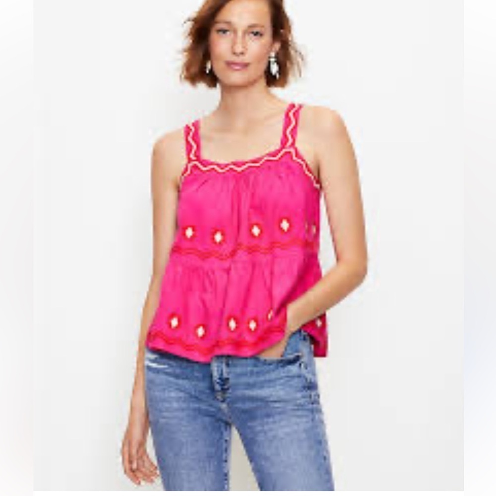 Loft women’s square neck, embroidered pink Cami top linen mix sz SP preloved - Picture 1 of 9